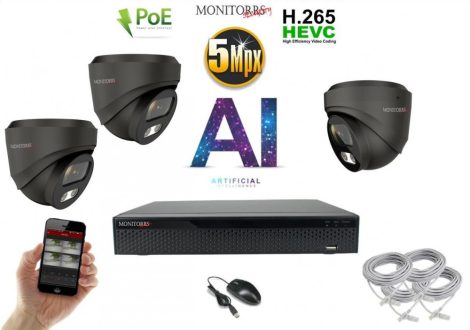 Monitorrs Security - AI IP Dóm  kamerarendszer 3 kamerával 5 Mpix - 6371K3